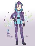  1boy aona_(noraneko) belt_boots blue_hair boots bracelet braid character_name collar cropped_jacket fingerless_gloves frown gloves grey_eyes hair_ornament hair_slicked_back hairclip hand_on_hip hood hoodie humanization jewelry layered_legwear lightning male_focus multicolored_hair pokedex_number pokemon purple_hair short_hair sleeves_past_elbows solo spiked_bracelet spiked_collar spikes spiky_hair streaked_hair torn_clothes torn_legwear toxtricity toxtricity_(low_key) two-tone_hair v-shaped_eyebrows 