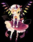  1girl :| ascot black_background blonde_hair bow closed_mouth collar collared_shirt commentary crystal flandre_scarlet frilled_collar frills full_body hair_between_eyes hat hat_bow highres holding holding_weapon laevatein_(touhou) leg_ribbon mob_cap nikorashi-ka one-hour_drawing_challenge one_side_up orange_ascot petticoat puffy_short_sleeves puffy_sleeves red_bow red_eyes red_footwear red_ribbon red_skirt red_vest ribbon shirt shoes short_sleeves skirt solo touhou vest waist_bow weapon white_headwear white_shirt wings wrist_cuffs 