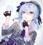  1girl akaike belt beret black_gloves blue_belt blue_bow blue_eyes blue_hair blue_nails blue_necktie bow breasts gloves grey_headwear grey_shirt grin hair_between_eyes hands_up hat hololive hoshimachi_suisei long_sleeves looking_at_viewer nail_polish necktie partially_fingerless_gloves plaid plaid_headwear plaid_shirt shirt smile solo star_(symbol) star_in_eye symbol_in_eye upper_body virtual_youtuber 