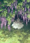  1girl blue_eyes brown_footwear brown_hair closed_mouth commentary day dress flower full_body grass highres long_hair looking_at_viewer original outdoors potg_(piotegu) shade sitting smile socks solo white_dress white_legwear wisteria 