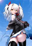  1girl absurdres antenna_hair ass azur_lane bangs bare_shoulders black_gloves black_jacket black_legwear blue_sky chinese_commentary clouds commentary cowboy_shot cross day dingding_tu eyebrows_behind_hair from_behind gloves hair_between_eyes hair_ornament hand_up highres iron_cross jacket little_prinz_eugen_(azur_lane) long_hair long_sleeves looking_at_viewer multicolored_hair off_shoulder parted_bangs red_gloves redhead rigging sidelocks skirt sky solo standing streaked_hair thigh-highs thumb_sucking two-tone_gloves two-tone_hair two_side_up white_hair white_skirt zettai_ryouiki 