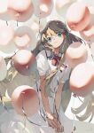  1girl balloon bangs blue_eyes brown_hair closed_mouth commentary_request dress eyebrows_visible_through_hair highres holding holding_balloon long_hair looking_at_viewer neck_ribbon original potg_(piotegu) red_ribbon ribbon short_sleeves solo white_dress 