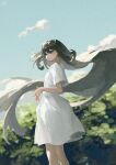  1girl absurdly_long_hair bangs blue_eyes blurry blurry_background brown_hair commentary_request day dress feet_out_of_frame floating_hair highres long_hair original outdoors parted_lips potg_(piotegu) short_sleeves solo very_long_hair white_dress 