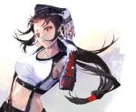  1girl arm_above_head black_hair black_skirt breasts closed_mouth cofffee detached_sleeves feathers final_fantasy final_fantasy_vii final_fantasy_vii_remake fingerless_gloves fingers_together gloves large_breasts long_hair looking_at_viewer low-tied_long_hair midriff navel pose red_eyes skirt solo suspender_skirt suspenders tank_top tifa_lockhart upper_body white_tank_top 