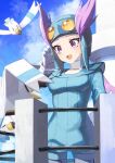  1girl :d breasts clouds commentary_request day fence gloves hand_up helmet long_hair long_sleeves open_mouth outdoors pilot_suit pokemon pokemon_(creature) pokemon_(game) pokemon_oras ponytail purple_hair sky smile tongue violet_eyes wingull winona_(pokemon) yamanashi_taiki 
