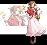  1girl aerith_gainsborough bangs black_background boots bracelet braid braided_ponytail breasts brown_hair buttons choker cropped_jacket dress final_fantasy final_fantasy_vii final_fantasy_vii_remake flower flower_basket frilled_dress frills full_body green_eyes hair_ribbon highres holding holding_flower jacket jewelry medium_breasts namelessdm parted_bangs pink_dress red_jacket ribbon sidelocks solo upper_body wavy_hair white_background yellow_flower 