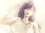  1girl bed_sheet black_hair breasts brown_hair closed_eyes collarbone crop_top earrings final_fantasy final_fantasy_vii gogochi55 jewelry large_breasts light lips long_hair lying on_back open_mouth sleeping sleeveless solo tank_top tifa_lockhart upper_body white_tank_top 