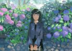  1girl absurdres bangs black_dress black_hair blue_eyes closed_mouth commentary day dress flower highres hydrangea jewelry katakai long_hair long_sleeves necklace original outdoors pink_flower purple_flower solo upper_body 