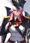  1girl azur_lane bangs banned_artist black_cloak black_headwear blue_eyes breasts cloak closed_mouth cross eyebrows_visible_through_hair hat highres holstered_weapon iron_cross lips long_hair looking_at_viewer medium_breasts military_hat mior necktie one_eye_closed pink_hair red_necktie seydlitz_(azur_lane) solo sword uniform upper_body weapon white_background 