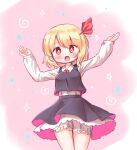  1girl arinu bangs black_skirt black_vest blonde_hair bloomers bright_pupils collared_shirt cowboy_shot earrings eyebrows_visible_through_hair hair_ribbon jewelry long_sleeves looking_at_viewer open_mouth pink_background red_eyes red_ribbon ribbon rumia shirt short_hair skirt solo standing touhou underwear vest white_pupils white_shirt 
