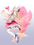  1girl absurdres ahri ahri_(league_of_legends) animal_ears asami_okutoshioku bangs bare_shoulders blonde_hair blue_eyes breasts detached_sleeves fox_ears frilled_skirt frills from_side gradient gradient_background hair_ornament hand_up heart high_heels highres league_of_legends long_hair looking_at_viewer multicolored_tail official_alternate_costume pink_tail red_skirt shiny shiny_hair shirt skirt smile solo star_guardian_(league_of_legends) star_guardian_ahri tail thigh-highs vastaya white_legwear white_shirt 