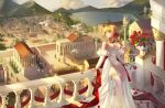  1girl artist_name bird blonde_hair breasts city cup dress fate/grand_order fate_(series) flower gold_necklace gold_trim green_eyes hair_bun hair_ribbon high_heels holding holding_flower jewelry lake large_breasts leaning_on_object long_dress long_hair mountainous_horizon necklace nero_claudius_(fate) nero_claudius_(fate/extra) nero_claudius_(formal_dress)_(fate) red_flower red_ribbon red_rose ribbon rose scenery sigriddis sky thighlet veranda white_dress 