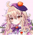  1girl ahoge bangs beret blonde_hair blush braid brown_eyes closed_mouth collared_shirt eyebrows_visible_through_hair flower flower_knight_girl hair_between_eyes hair_flower hair_ornament hat kuko_(flower_knight_girl) long_hair looking_at_viewer multicolored_hair pink_background pink_hair purple_flower purple_headwear shiodome_oji shirt simple_background smile star_(symbol) tilted_headwear two-tone_hair upper_body white_shirt x_hair_ornament 