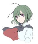  1girl antennae bangs black_cape blush cape closed_mouth collared_shirt eyebrows_visible_through_hair green_hair hair_between_eyes highres kuromame_(8gou) looking_at_viewer red_cape shirt short_hair simple_background smile solo touhou two-sided_cape two-sided_fabric upper_body violet_eyes wavy_hair white_background white_shirt wriggle_nightbug 