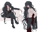  1boy bangs belt black_belt black_footwear black_hair black_jacket black_necktie black_pants bong_(0u0bon) breast_pocket couch crossed_legs danganronpa_(series) danganronpa_2:_goodbye_despair from_side hair_between_eyes hair_over_one_eye jacket kamukura_izuru long_hair long_sleeves multiple_views necktie pants pocket shoes simple_background sitting translation_request white_background 