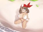  1girl beach bikini blue_eyes breasts brown_hair hairband highres large_breasts may_(pokemon) medium_hair micro_bikini mystical pokemon pokemon_(game) pokemon_rse red_hairband revision smile solo swimsuit 