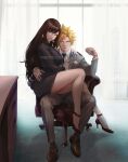  1boy 1girl black_hair blonde_hair blue_eyes breasts chair cloud_strife couple earrings final_fantasy final_fantasy_vii final_fantasy_vii_remake formal full_body high_heels highres jewelry large_breasts legs lips long_hair looking_at_viewer office office_chair office_lady pencil_skirt red_eyes ring salaryman sitting sitting_on_lap sitting_on_person skirt spiky_hair spykeee suit tifa_lockhart twitter_username 