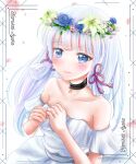  1girl bangs blue_eyes blush character_name choker closed_mouth collarbone dress genshin_impact hair_down head_wreath highres jewelry kamisato_ayaka light_blue_hair long_hair looking_at_viewer mole mole_under_eye rasyve ring solo tassel wedding_dress wedding_ring 