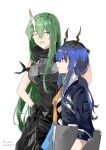  2girls :d ^_^ absurdres arknights armor bangs black_gloves black_jacket black_pants black_shirt blue_hair breastplate ch&#039;en_(arknights) chinese_commentary closed_eyes commentary_request cowboy_shot dated dragon_horns eyebrows_visible_through_hair from_side gloves green_hair hair_between_eyes hand_on_another&#039;s_head hand_on_hip high_collar highres horns hoshiguma_(arknights) jacket kongwuming long_sleeves multiple_girls necktie open_clothes open_jacket open_mouth pants profile red_eyes shirt sidelocks signature simple_background single_horn sleeveless sleeveless_shirt smile standing white_background white_shirt yellow_necktie 