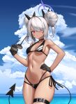  1girl absurdres alternate_hairstyle bangs bikini black_bikini black_gloves blue_archive breasts clouds cloudy_sky dark-skinned_female dark_skin day demon_tail double_bun gloves grey_hair hair_over_one_eye halo highres holding holding_eyewear iori_(blue_archive) iori_(swimsuit)_(blue_archive) navel neowise outdoors pointy_ears red_eyes sky small_breasts solo stomach sunglasses swimsuit tail 