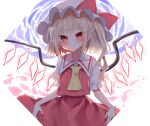  1girl absurdres ascot blonde_hair bow closed_mouth cowboy_shot crystal flandre_scarlet hat hat_bow highres looking_at_viewer mob_cap one_side_up red_bow red_eyes red_skirt red_vest rori82li short_hair short_sleeves skirt smile solo standing touhou vest white_headwear wings yellow_ascot 