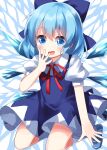  1girl :d bangs blue_dress blue_eyes blue_hair blush bow cirno covering_mouth dress eyebrows_visible_through_hair hair_between_eyes hair_bow hand_over_own_mouth highres ice ice_wings looking_at_viewer neck_ribbon open_mouth puffy_short_sleeves puffy_sleeves red_ribbon ribbon ruu_(tksymkw) shirt short_hair short_sleeves sitting smile solo touhou white_shirt wings 