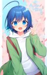  1girl :d ahoge backpack bag blue_eyes blue_hair blurry blurry_background blush cherry_blossoms commission depth_of_field falling_petals green_jacket hand_up hood hood_down hoodie jacket konogi_nogi long_sleeves looking_at_viewer medium_hair open_clothes open_jacket open_mouth original petals short_hair skeb_commission sleeves_past_wrists smile solo v white_hoodie 