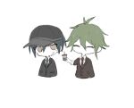  2boys amami_rantarou bangs bubble_tea buttons chibi closed_eyes collared_shirt danganronpa_(series) danganronpa_v3:_killing_harmony green_hair hair_between_eyes holding iumi_urura jacket male_focus messy_hair multiple_boys necktie saihara_shuuichi shirt short_hair smile sweatdrop 