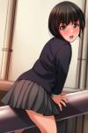  1girl absurdres black_hair black_jacket black_skirt highres jacket long_sleeves looking_at_viewer matsunaga_kouyou open_mouth original pleated_skirt school_uniform short_hair skirt solo thighs 