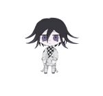  1boy bangs buttons checkered_clothes checkered_scarf closed_mouth danganronpa_(series) danganronpa_v3:_killing_harmony grey_background grey_jacket grey_pants hair_between_eyes iumi_urura jacket looking_at_viewer male_focus medium_hair multicolored_hair ouma_kokichi pants pink_hair scarf simple_background solo two-tone_hair violet_eyes 