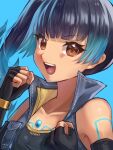 1girl blue_hair brown_eyes chest_jewel eyebrows eyebrows_visible_through_hair fiery_hair fingerless_gloves flat_chest gloves high_tops highres kyosuke1413koba open_mouth sena_(xenoblade) side_ponytail solo sports_bra xenoblade_chronicles_(series) xenoblade_chronicles_3 
