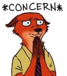  1boy animal_ears asterisk_symbol dress_shirt ears_down english_text fox_boy fox_ears frown furry meme multicolored_hair necktie nick_wilde non-web_source open_eyes own_hands_together red_fur shirt simple_background upper_body worried zootopia 