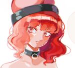 1girl bangs bare_shoulders black_choker black_headwear choker closed_mouth collarbone comkdom eyebrows_visible_through_hair hair_between_eyes hecatia_lapislazuli looking_to_the_side medium_hair polos_crown red_eyes redhead simple_background solo touhou underworld_(ornament) upper_body white_background 