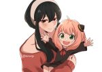  2girls ahoge anya_(spy_x_family) bangs black_hair blush carrying child_carry commentary green_eyes hairband highres horn_ornament horns medium_hair multiple_girls open_mouth outstretched_arms pink_hair red_eyes rennomiya smile spy_x_family white_background white_hairband yor_briar 