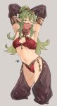  1girl ;) absurdres alternate_costume armpits arms_up bangs bare_shoulders breasts commentary_request cosplay cropped_legs dancer detached_sleeves fire_emblem fire_emblem_awakening fire_emblem_heroes green_eyes green_hair grey_background groin harem_pants headpiece highres long_hair looking_at_viewer medium_breasts midriff mouth_veil navel olivia_(fire_emblem) olivia_(fire_emblem)_(cosplay) one_eye_closed pants pointy_ears ponytail sakuremi see-through see-through_sleeves sidelocks simple_background smile solo standing stomach thighs tiki_(fire_emblem) veil 
