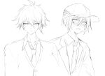  2boys amami_rantarou antenna_hair bangs baseball_cap blush collared_shirt danganronpa_(series) danganronpa_v3:_killing_harmony eyebrows_visible_through_hair grey_background greyscale hair_between_eyes hat highres iumi_urura jacket male_focus messy_hair monochrome multiple_boys necktie open_mouth saihara_shuuichi shirt short_hair simple_background sweat teeth upper_body upper_teeth 