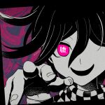 1boy artist_name bangs black_border border checkered_clothes checkered_scarf danganronpa_(series) danganronpa_v3:_killing_harmony flipped_hair green_background hair_between_eyes hand_up male_focus mikao_(eanv5385) one-eyed open_mouth ouma_kokichi pink_background pink_eyes scarf solo translation_request 