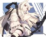  animal_ears arknights arm_up arrow_(projectile) belt belt_buckle black_footwear black_gloves blue_background boots border bow_(weapon) buckle closed_mouth clothes_writing dated elbow_gloves eyebrows_visible_through_hair gloves highres holding holding_bow_(weapon) holding_weapon horse_ears horse_girl horse_tail long_hair long_sleeves midriff navel outside_border platinum_(arknights) revealing_clothes ryota_tentei short_shorts shorts tail thigh-highs thigh_boots twitter_username two-tone_background v-shaped_eyebrows weapon white_background white_border white_hair white_shorts wide_sleeves yellow_eyes 