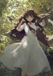  1girl bangs blue_eyes brown_hair commentary_request day dress feet_out_of_frame hands_up highres long_dress long_hair looking_at_viewer original outdoors parted_lips potg_(piotegu) solo tree white_dress 