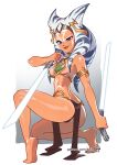  1girl ahsoka_tano alien armlet artist_name ass bare_shoulders blue_eyes blue_hair bra breasts cosplay dark-skinned_female dark_skin dual_wielding energy_sword english_commentary facial_mark feet from_behind full_body green_bra holding holding_sword holding_weapon kajin_(kajinman) lightsaber lips loincloth looking_at_viewer looking_back medium_breasts multicolored_hair patreon_username princess_leia_organa_solo princess_leia_organa_solo_(cosplay) sideboob simple_background slit_pupils smile soles solo squatting star_wars stomach_tattoo sword tattoo tentacle_hair the_mandalorian thick_lips thighs two-tone_hair underwear weapon white_hair 