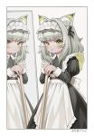  1girl :p absurdres animal_ear_fluff animal_ears apron arknights artist_name bangs black_dress blush_stickers border broom cat_ears closed_mouth different_reflection dress eyebrows_visible_through_hair frilled_apron frills grey_background grey_hair highres holding holding_broom juliet_sleeves kal&#039;tsit_(arknights) long_hair long_sleeves looking_at_viewer maid maid_headdress mirror own_hands_together puffy_sleeves reflection simple_background tongue tongue_out whisk white_apron white_border zhengqi_zhizi_sg 