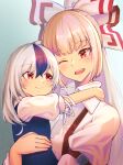  2girls bangs blush bow carrying child child_carry collared_shirt commentary_request equality_taira eyelashes fujiwara_no_mokou hair_between_eyes hair_bow highres kamishirasawa_keine long_hair long_sleeves looking_at_another multicolored_hair multiple_girls one_eye_closed open_mouth puffy_short_sleeves puffy_sleeves shirt short_sleeves smile streaked_hair suspenders touhou white_shirt wing_collar younger 