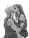  1boy 1girl artist_name bare_shoulders black_hair black_legwear black_skirt closed_eyes cloud_strife couple detached_sleeves earrings final_fantasy final_fantasy_vii final_fantasy_vii_remake fingerless_gloves gloves greyscale hand_on_another&#039;s_back hand_on_another&#039;s_neck highres jewelry kiss kissing_forehead long_hair low-tied_long_hair monochrome skirt sleeveless sleeveless_turtleneck spiky_hair spykeee tank_top thigh-highs tifa_lockhart turtleneck white_background 