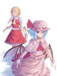  2girls absurdres arm_up ascot bangs bat_wings blonde_hair blue_gemstone blush brooch capelet closed_mouth commentary_request crystal doitsuudon dress flandre_scarlet frilled_capelet frills gem hat highres jewelry light_blue_hair looking_at_viewer mary_janes mob_cap multiple_girls one_side_up pink_capelet pink_dress puffy_short_sleeves puffy_sleeves red_ascot red_eyes red_footwear remilia_scarlet shoes short_hair short_sleeves siblings sisters smile touhou walking white_background wings wrist_cuffs yawning 