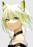  1girl absurdres aizuki_sui animal_ear_fluff animal_ears arknights bangs bare_shoulders cat_ears closed_mouth collar eyebrows_visible_through_hair from_side green_eyes green_hair grey_background highres kal&#039;tsit_(arknights) looking_at_viewer looking_to_the_side portrait short_hair simple_background solo 