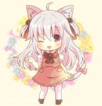  1girl ;d ahoge animal_ear_fluff animal_ears bangs black_bow black_footwear blue_flower blush boots bow brown_background brown_dress brown_eyes cat_ears cat_girl cat_tail chibi collared_shirt commentary_request copyright_request dress eyebrows_visible_through_hair floral_background flower full_body grey_hair hair_between_eyes hand_up kou_hiyoyo long_hair one_eye_closed pantyhose pink_bow puffy_short_sleeves puffy_sleeves purple_flower shirt short_sleeves simple_background sleeveless sleeveless_dress smile solo standing tail tail_bow tail_ornament two_side_up very_long_hair white_legwear white_shirt yellow_flower 