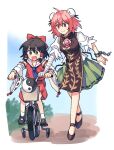  2girls :d ahoge ankle_socks ankle_strap ascot bandaged_arm bandages bangs bare_shoulders bicycle bicycle_basket black_footwear black_hair blouse blue_ascot blurry blush border bow brown_eyes bun_cover bush chain child closed_mouth collarbone collared_vest cuffs day depth_of_field detached_sleeves dirt_road dot_nose double_bun excited eyebrows_visible_through_hair flower foreshortening full_body green_skirt ground_vehicle hair_between_eyes hair_bow hair_tubes hakurei_reimu hands_up happy ibaraki_kasen long_sleeves looking_ahead looking_at_another looking_to_the_side mary_janes multiple_girls no_nose no_socks nontraditional_miko open_mouth outdoors outside_border parody_request pink_flower pink_hair pink_rose pleated_skirt puffy_short_sleeves puffy_sleeves re_ghotion red_bow red_eyes red_skirt red_vest ribbon-trimmed_skirt ribbon-trimmed_sleeves ribbon_trim riding road rose shackles shirt shoes short_hair short_sleeves side-by-side skirt skirt_set smile socks split_mouth tabard touhou training_wheels v-shaped_eyebrows vest walking white_border white_legwear white_shirt white_sleeves wide_sleeves yin_yang younger 