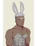  1boy absurdres animal_ears biceps dark-skinned_male dark_skin english_commentary fake_animal_ears frown fullmetal_alchemist grey_hair highres leotard looking_at_viewer male_playboy_bunny muscular muscular_male rabbit_ears scar scar_(fma) scar_on_face scar_on_forehead short_hair simple_background solo strapless strapless_leotard undercut upper_body very_short_hair 