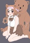  absurdres animal_ears barefoot bear_ears bear_girl bear_tail blush bow bowtie brown_bow brown_bowtie brown_eyes brown_hair brown_skirt collared_shirt commentary_request extra_ears eyebrows_visible_through_hair headband highres iinsuka1998 kemono_friends kemono_friends_3 kodiak_bear_(kemono_friends) looking_at_viewer multicolored_hair pleated_skirt shirt short_hair short_twintails sitting skirt sleeveless stuffed_animal stuffed_toy tail teddy_bear twintails two-tone_hair white_hair white_shirt 