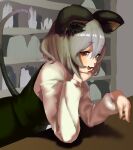  1girl animal_ear_fluff animal_ears bangs blush commentary_request cookie_(touhou) counter eyebrows_visible_through_hair green_skirt green_vest grey_hair hair_between_eyes head_rest highres koiso_usu long_sleeves looking_at_viewer mouse_ears mouse_girl mouse_tail nazrin nyon_(cookie) open_mouth red_eyes shelf shirt short_hair skirt smile solo tail touhou upper_body vest white_shirt 